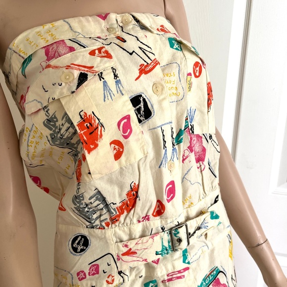 Vintage 80s Jag Graffiti Print Strapless Summer Cotton Button Front Dress M - Picture 2 of 16